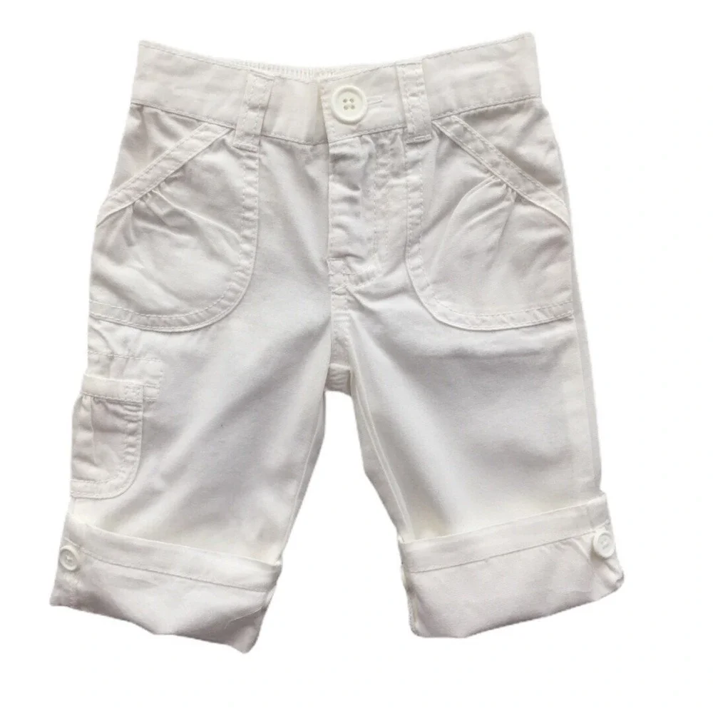 CHEROKEE Baby Girl White PANTS 12 M Roll Up Cropped or Long Button Cargo Cotton